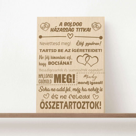 A boldog házasság titkai - wooden engraved sign - rvdesignprint