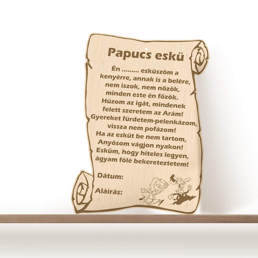 Papucs eskü - wooden engraved sign - rvdesignprint